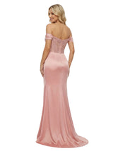 Elegant Off Shoulder Corset Lace Satin Mermaid Prom Dress Slit