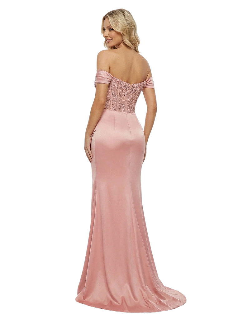 Elegant Off Shoulder Corset Lace Satin Mermaid Prom Dress Slit