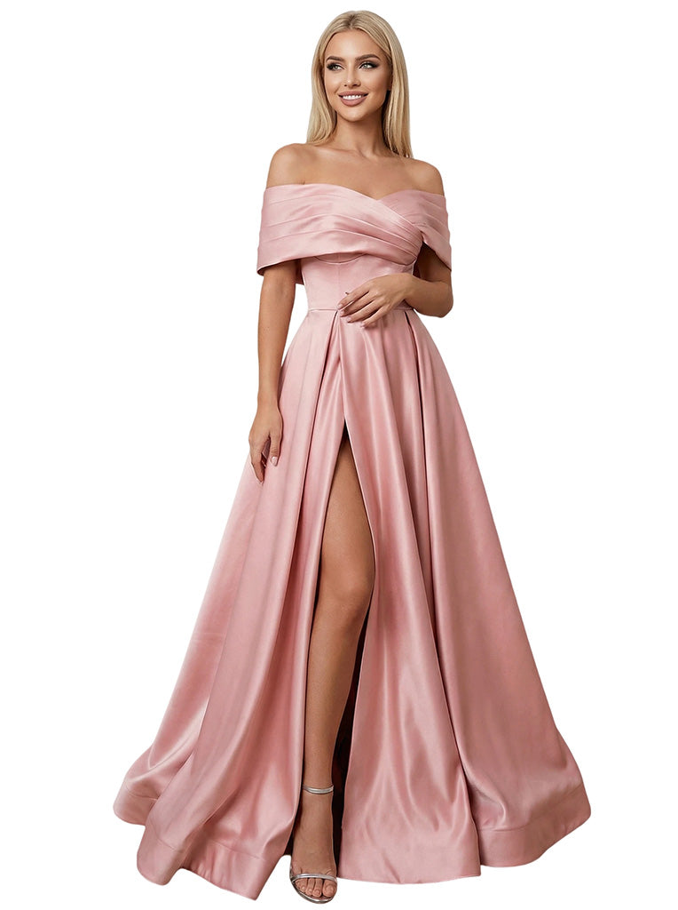 Elegant Off The Shoulder Satin A-Line Prom Gown With Side Slit - ChicSew Elegant Off The Shoulder Satin A-Line Prom Gown With Side Slit - ChicSew