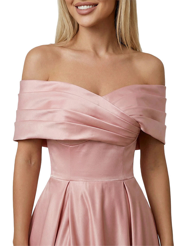 Elegant Off The Shoulder Satin A-Line Prom Gown With Side Slit