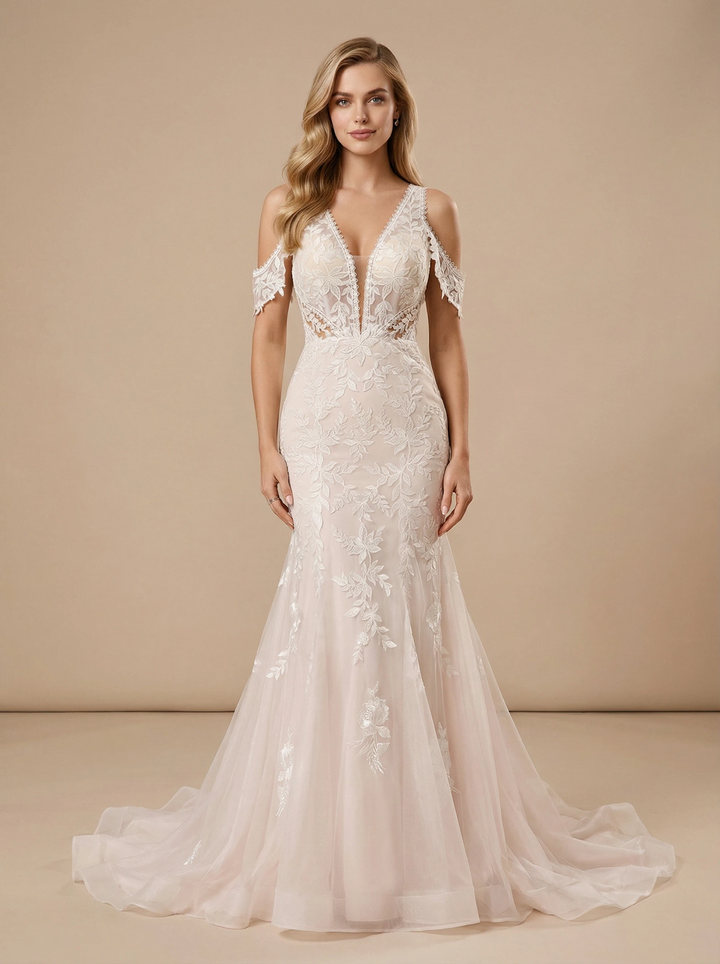Modern Cold Shoulder Mermaid Lace Maxi Long Wedding Dresses Online