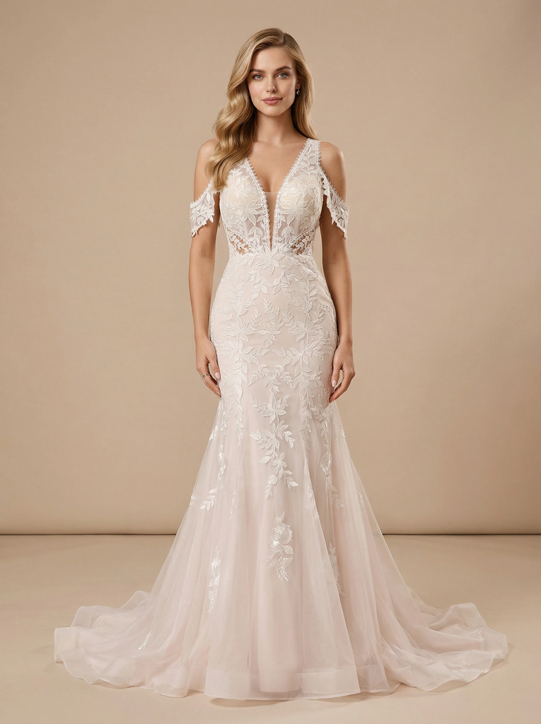 Cold Shoulder Mermaid Lace And Tulle Maxi Long Wedding Dresses Online