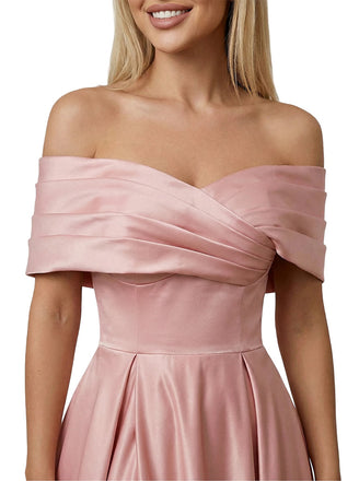 Elegant Off The Shoulder Satin A-Line Prom Gown With Side Slit