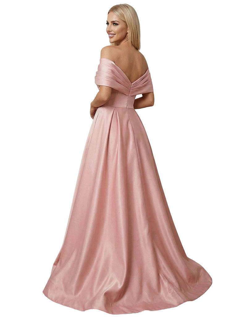 Elegant Off The Shoulder Satin A-Line Prom Gown With Side Slit