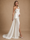 ChicSew Unique Crepe Mermaid One Shoulder Long Sleeves Beaded Maxi Wedding Dresses With Side Slit