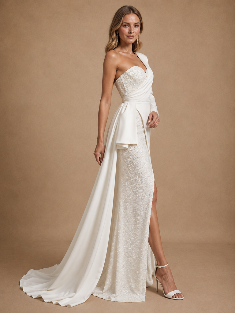 ChicSew Unique Crepe Mermaid One Shoulder Long Sleeves Beaded Maxi Wedding Dresses With Side Slit