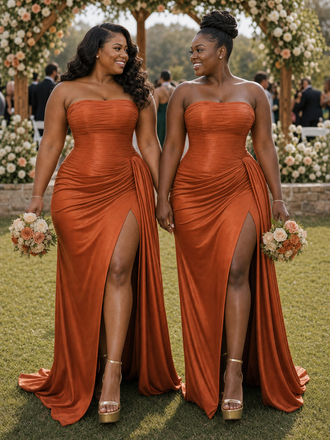 ChicSew Strapless Ruching Side Slit Soft Satin Long Mermaid Bridesmaid Dresses