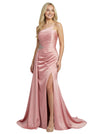 Sophisticated Strapless Ruched Satin Side Slit Formal Dress With Rhinestone