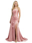 Sophisticated Strapless Ruched Satin Side Slit Formal Dress With Rhinestone