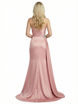 Sexy Strapless Ruched Satin Side Slit Formal Dress With Waist Drape