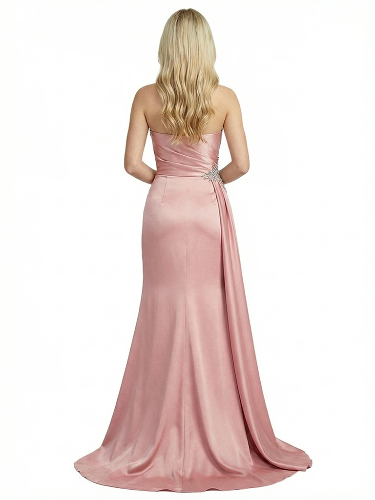Sophisticated Strapless Ruched Satin Side Slit Formal Dress With Rhinestone