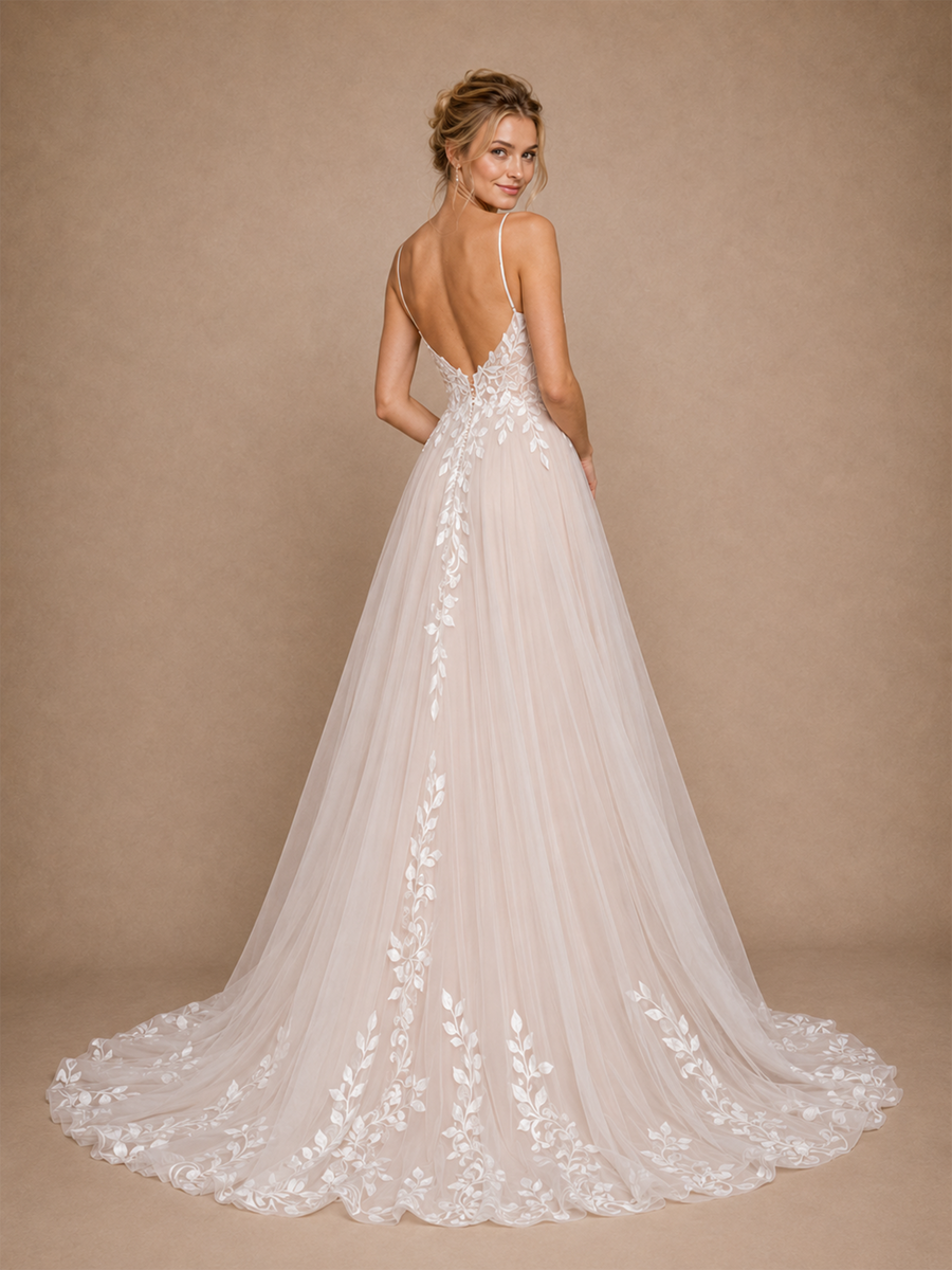 ChicSew Sexy Beautiful Spaghetti Straps V-Neck A-Line Lace Tulle Open Back Long Wedding Dress