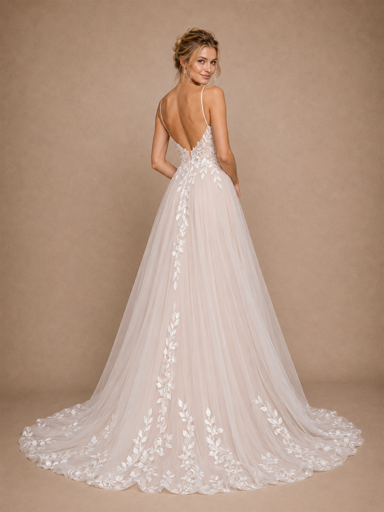 ChicSew Sexy Beautiful Spaghetti Straps V-Neck A-Line Lace Tulle Open Back Long Wedding Dress