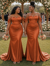 ChicSew Off Shoulder Sweetheart Ruching Mermaid Soft Satin Long Bridesmaid Dresses