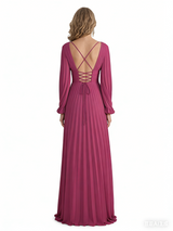 Elegant Chiffon V-Neck Long Sleeves A-Line Side Slit Long Mother of The Bride Dresses