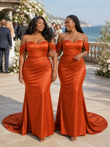 ChicSew Off Shoulder Sweetheart Ruching Mermaid Soft Satin Long Bridesmaid Dresses