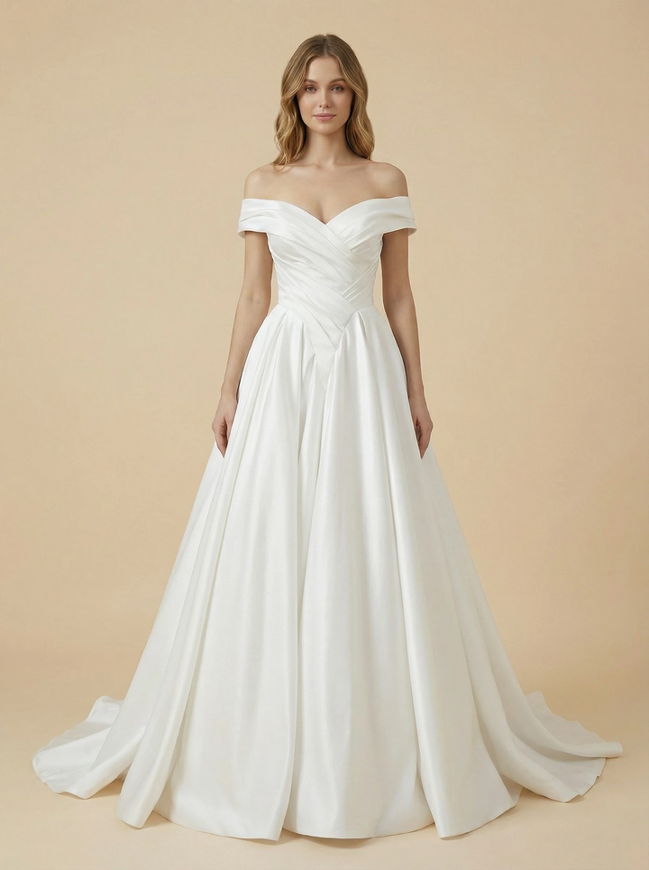 A-Line Off Shoulder Satin Ruched Maxi Long Wedding Dresses Online
