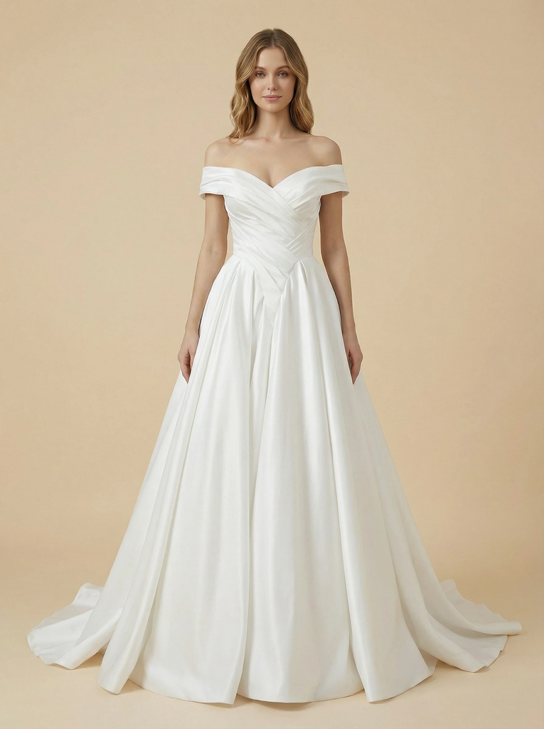 A-Line Off Shoulder Satin Ruched Maxi Long Wedding Dresses Online