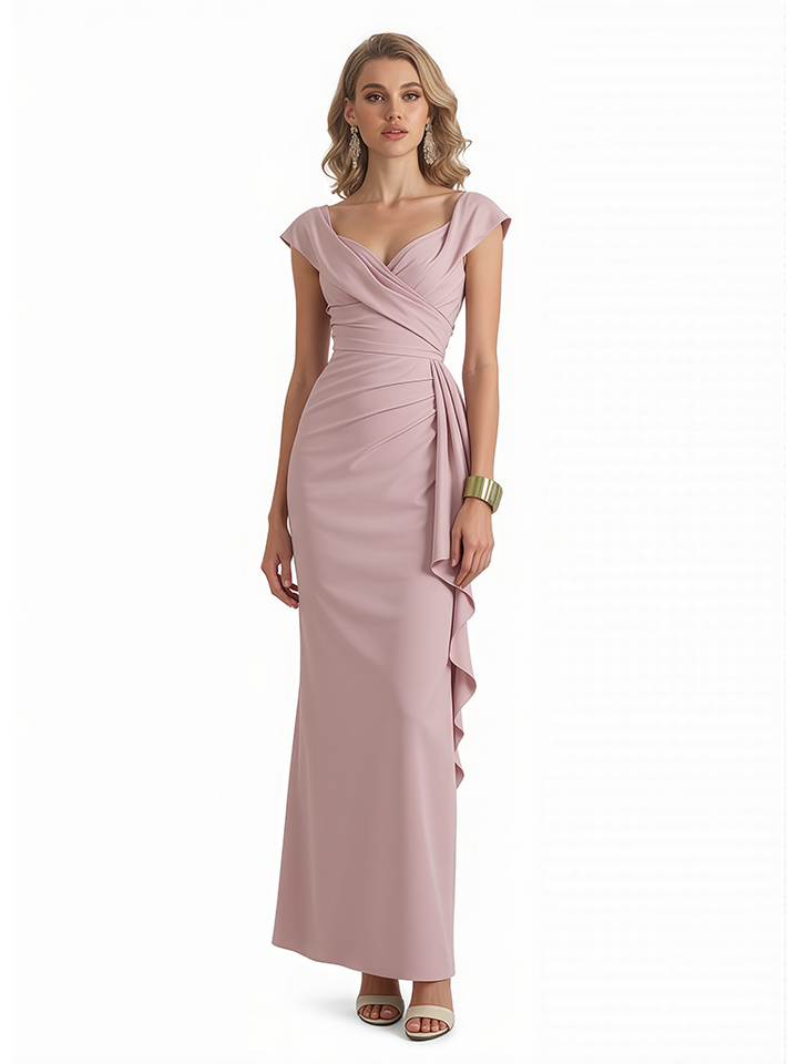 Sexy Cap Sleeves Stretchy Crepe Ruffle Sheath Long Evening Gowns For Women