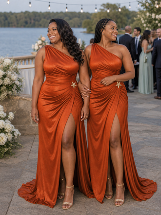 ChicSew One Shoulder Ruching Side Slit Mermaid Soft Satin Long Bridesmaid Dresses