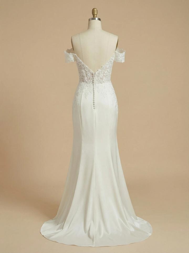 Off Shoulder Satin And Lace Mermaid Maxi Long Wedding Dresses Online With Side Slit