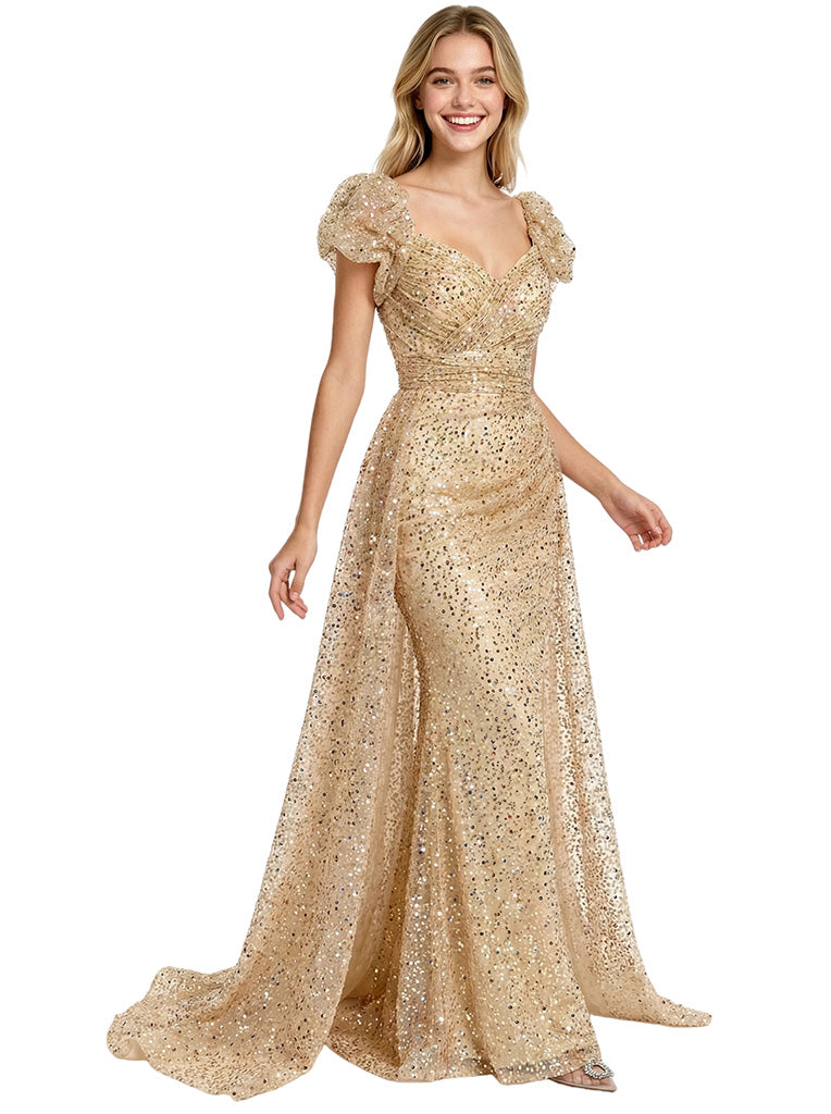 Fancy Sparkling Sequin Short Sleeves Ruched Mermaid Prom Gown With Overskirt