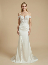 Off Shoulder Satin And Lace Mermaid Maxi Long Wedding Dresses Online With Side Slit