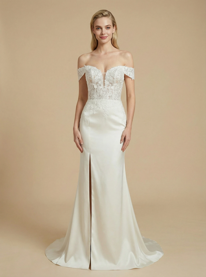 Off Shoulder Satin And Lace Mermaid Maxi Long Wedding Dresses Online With Side Slit