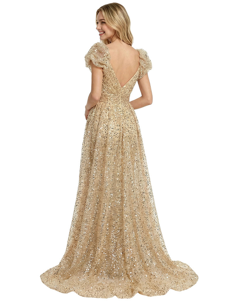 Fancy Sparkly Sequin Short Sleeves Ruched Mermaid Prom Gown With Overskirt