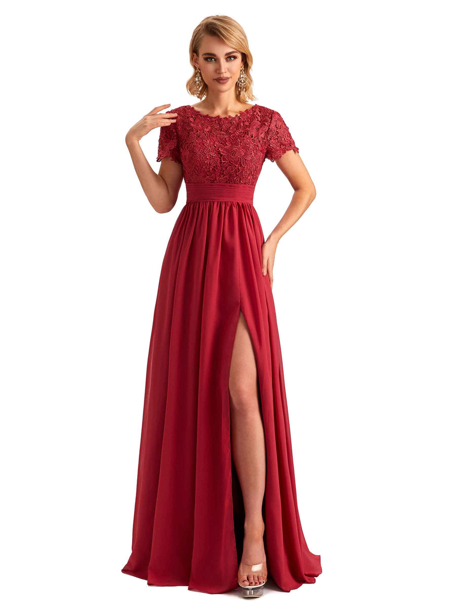 Elegant Side Slit Chiffon Short Sleeves Lace Long Mother of the Brides Dresses
