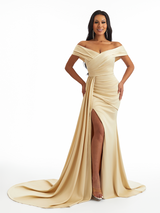 Sexy Off Shoulder V-Neck Side Slit Mermaid Soft Satin Long Bridesmaid Dresses