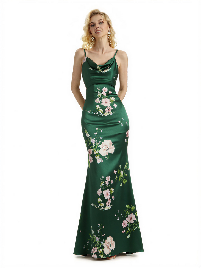 Sexy Jewel Spaghetti Straps Mermaid Long Satin Floral Formal Dresses For Women