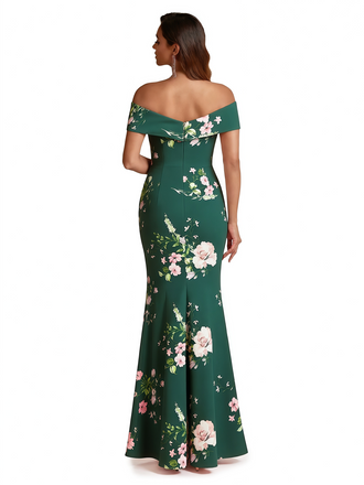 Sexy Off Shoulder Mermaid Long Satin Floral Formal Dresses For Women