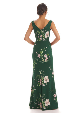 Trendy V-Neck Mermaid Floral Satin Maxi Floral Formal Evening Dresses For Women