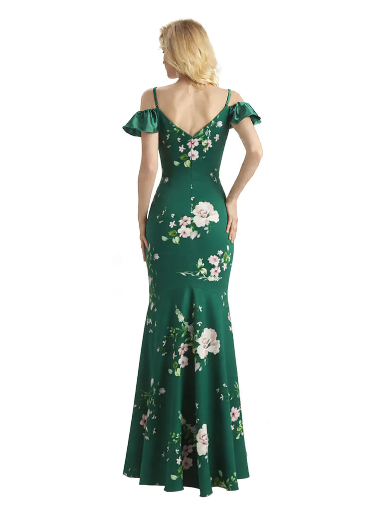 Beautiful Mermaid Cold Shoulder Floral Satin Maxi Floral Formal Dresses For Women