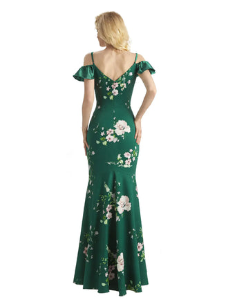 Beautiful Mermaid Cold Shoulder Floral Satin Maxi Floral Formal Dresses For Women