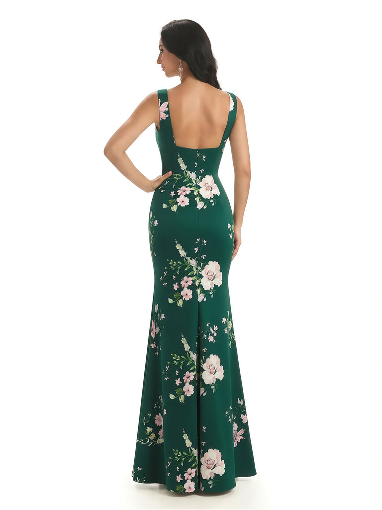 Elegant Spaghetti Straps Square Mermaid Long Satin Floral Formal Evening Dresses For Ladies