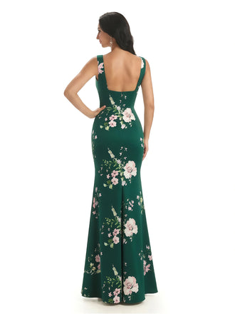 Elegant Spaghetti Straps Square Mermaid Long Satin Floral Formal Evening Dresses For Ladies