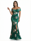 Sexy Off Shoulder Mermaid Long Satin Floral Formal Dresses For Women