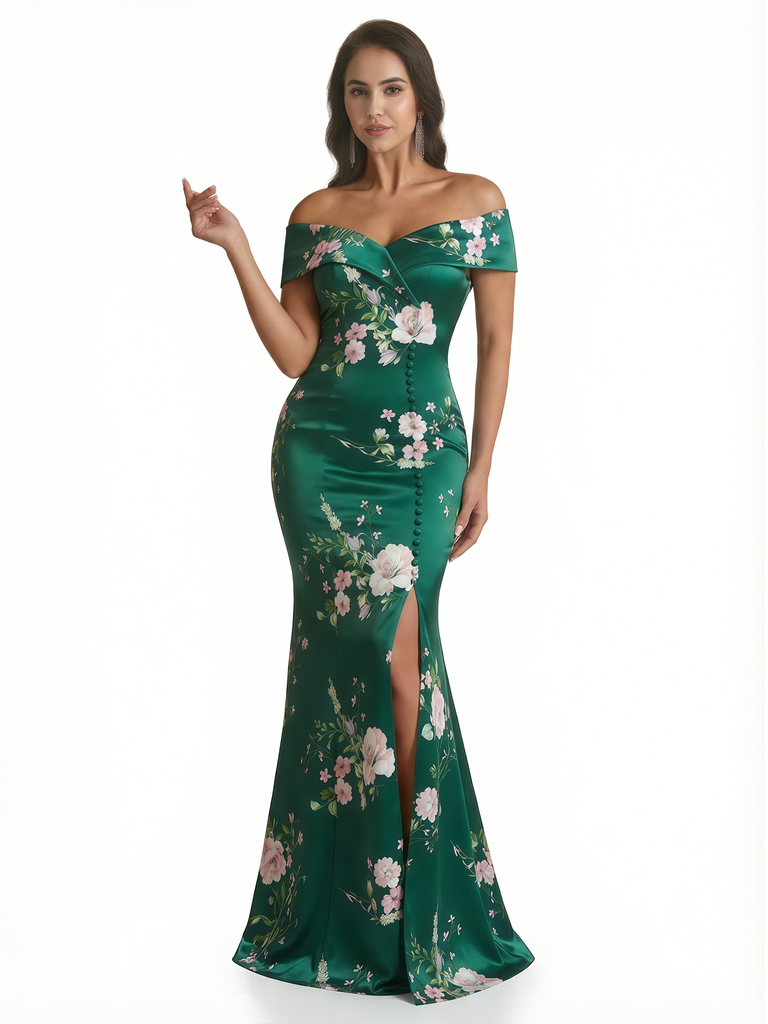 Sexy Off Shoulder Mermaid Long Satin Floral Formal Dresses For Women