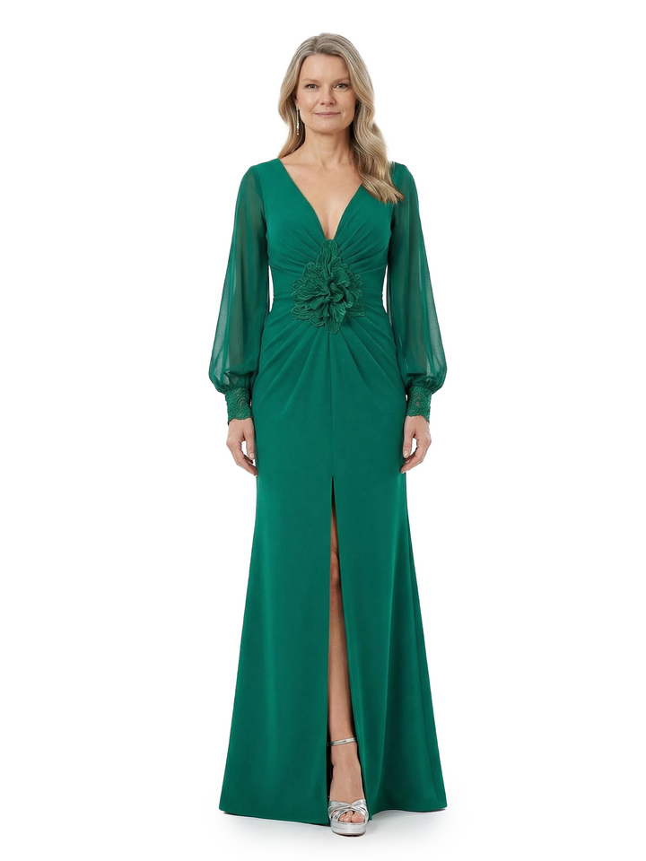 ChicSew Unique V-Neck Long Sleeve Chiffon Mother Of The Bride Gown With Center Slit And Flower Detail