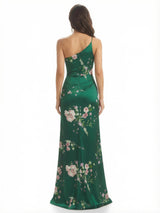 Elegant One Shoulder Mermaid Long Satin Floral Formal Dresses For Women
