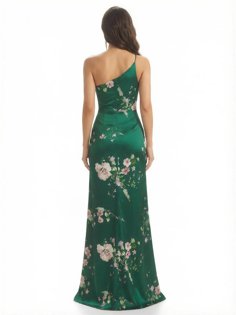 Elegant One Shoulder Mermaid Long Satin Floral Formal Dresses For Women