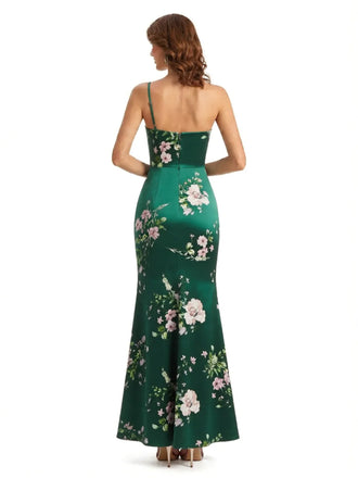 Simple One Shoulder Side Slit Sleeveless Mermaid Floral Satin Maxi Floral Formal Dresses For Women