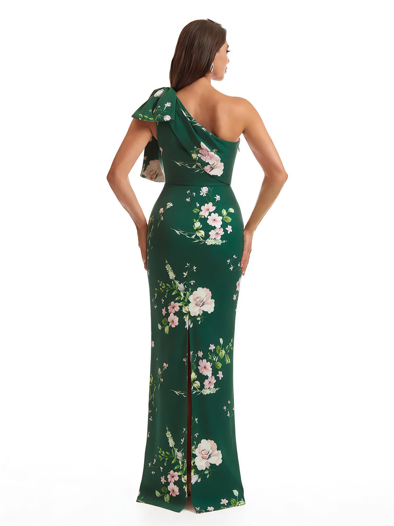 Elegant One Shoulder Mermaid Long Satin Floral Formal Dresses For Women With Back Slit