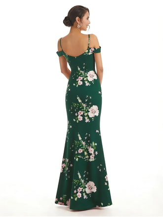 Trendy Cold Shoulder Side Slit Mermaid Floral Satin Maxi Floral Formal Dresses For Ladies