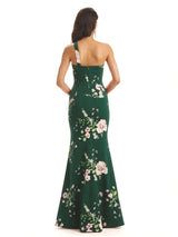 Sexy One Shoulder Side Slit Mermaid Satin Floral Formal Dresses For Women