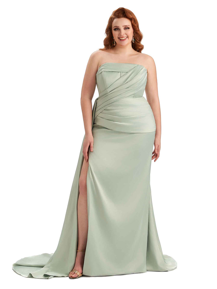 Plus Size Sexy Side Slit Mermaid Soft Satin Formal Wedding Bridesmaid Dresses Online
