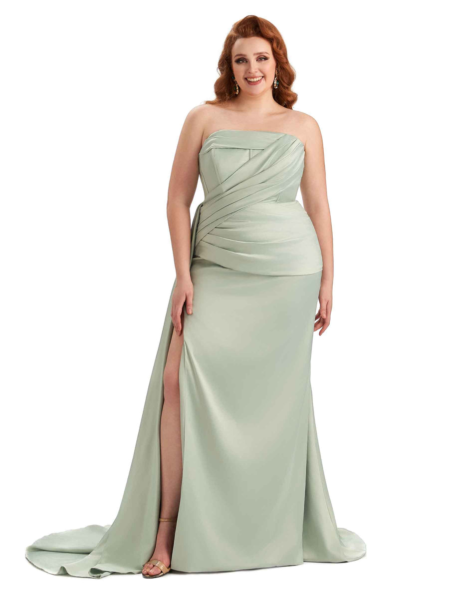 Plus Size Sexy Side Slit Mermaid Soft Satin Formal Wedding Bridesmaid Dresses Online