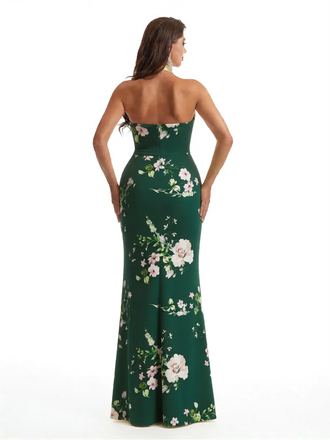 Simple Halter Side Slit Mermaid Floral Satin Maxi Floral Formal Dresses For Women